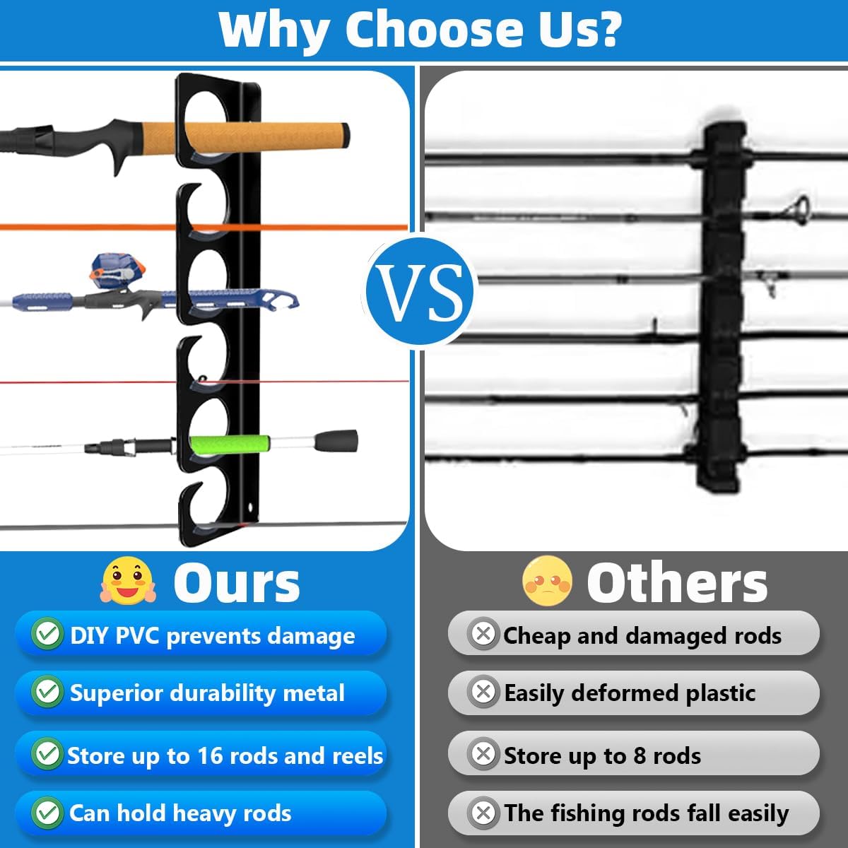 Fishing Rod Rack Pole Wall or Ceiling Storage Holder Hook Keeper Display Hanger Organizer Mount for Garage, Cabin Storeroom Porch and Basement Poles Holds 12 Rods Heavy Duty Metal safe