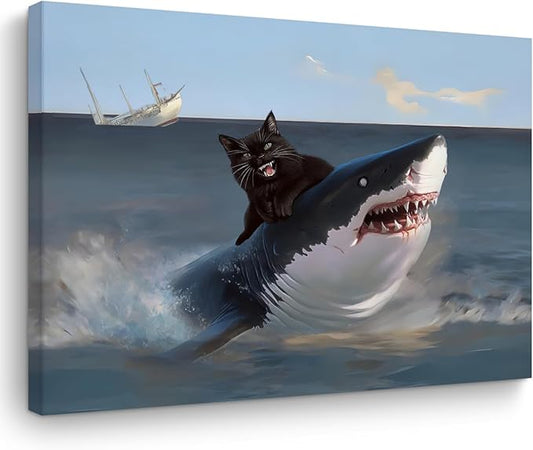 TBT Funny Cat Canvas Wall Art, Funny Quirky Cat and Shark Pictures Canvas Print Animal Lover Gifts Abstract Cats Shark Posters Wall Decor for Living Room Bathroom Kitchen Farmhouse Decor 11.5x15In