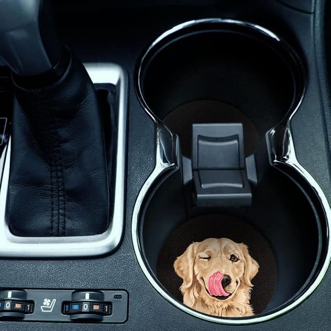 WIRESTER, Cute Basset Hound Dog, Winking Golden Retriever Dog Design Absorbent ROUND Fabric Felt Neoprene Car Coasters for Drinks (2.87 inches), 2pcs Set