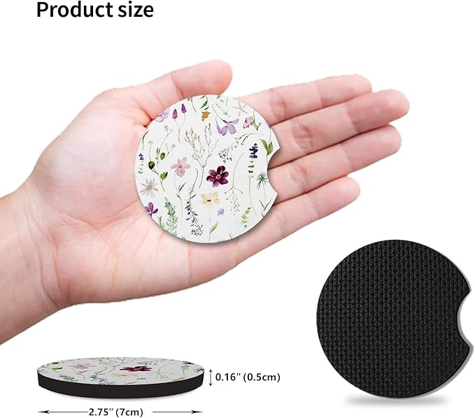 Wildflowers Universal Auto Anti Slip Insert Coasters, 2 Pack Rubber Car Coasters with A Finger Notch