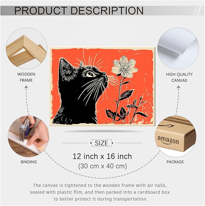 Black Cat Posters Vintage Animal Botanical Wall Art Cute Cat Sniffing Flower Canvas Painting Gift For Cat Lover 12x16 inch Framed Living Room Gallery Wall Decor
