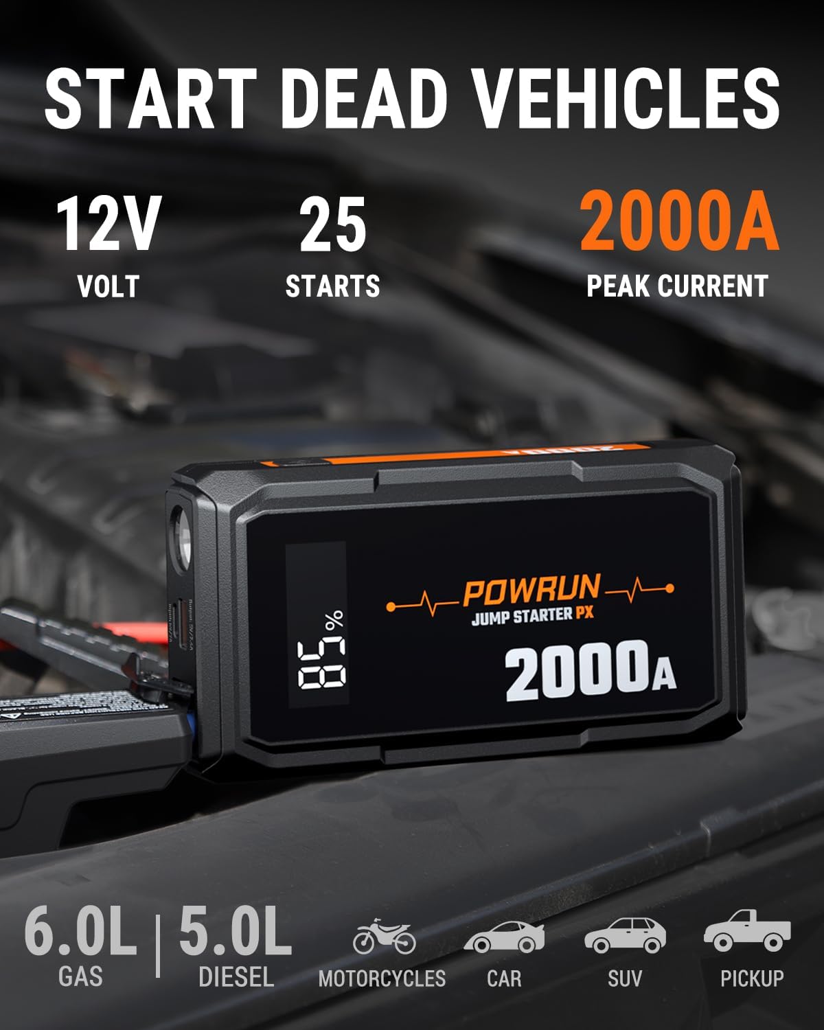 Powrun P-X Jump Starter, 2000A Portable Jump Box - Car Jump Starter Battery Pack for up to 6.0L Gas and 5.0L Diesel Engines, 12V Battery Jump Starter with Carry Bag