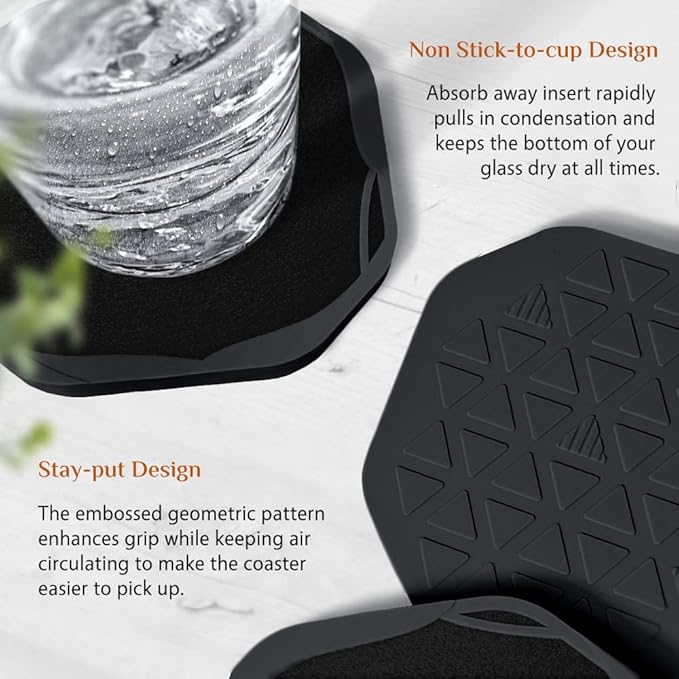UMIRRO Absorbent Coasters for Drinks with Holder, Black Silicone Cup Coaster with Felt Insert for Coffee Table Decor, Small Unique Birthday Gift Ideas for Men, Dad, Him, Women Mom, Her, 4", Set of 6