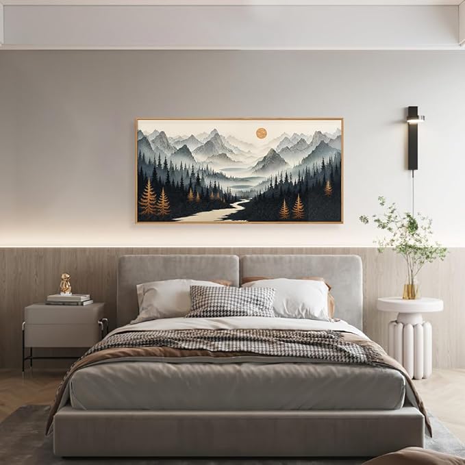 Watercolor Misty Forest Framed Canvas Wall Art Set, Foggy Mountain Wall Decor, Misty Pine Tree Wall Painting, Large Nature Landscape Art Prints for Living Room, Bedroom, Office - 20"X40"