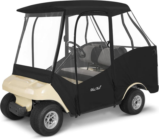 Golf Cart Enclosure 4 Passenger for Club Car DS 2+2 Enclosure Waterproof Windproof Driving Rain Cover Fit 4-Seater Short Roof with 4-Sided Clear Windows Mirror Zipper Roll-up Door Black