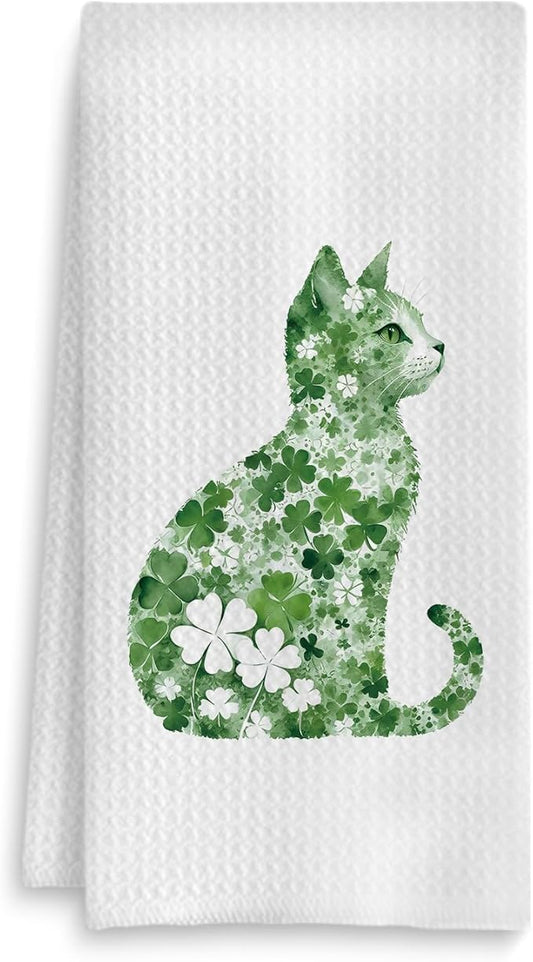 St Patrick's Day Cat Kitchen Towel, Four Leaf Clover St Patrick's Day Hand Towel, Lucky Shamrock St Patricks Day Cat Dish Towel, St Patrick's Day Kitchen Bathroom Decor, 16x24 Inch