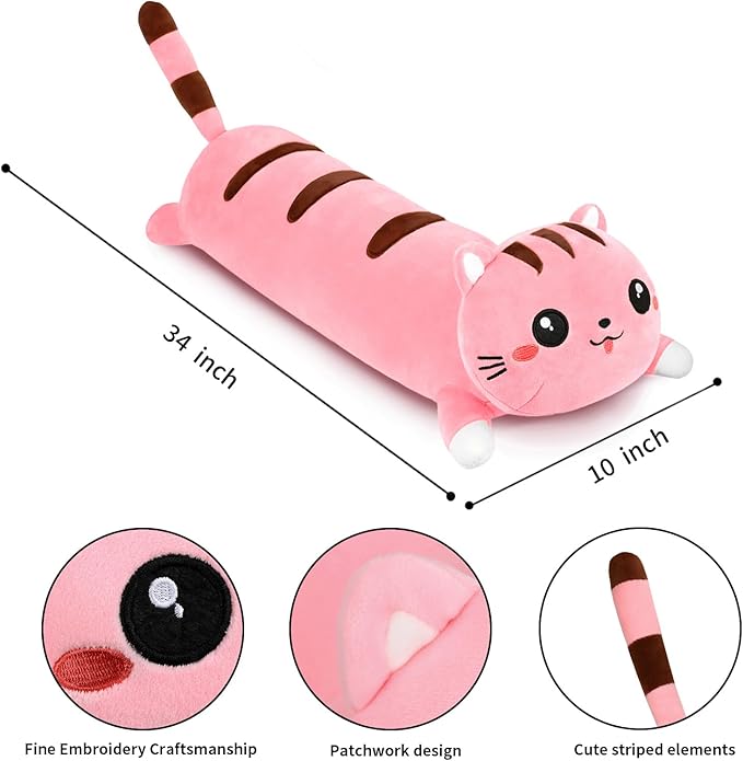 AFAN Long Cat Plush Cute Cat Body Pillows Kawaii Stuffed Animals Plushies Soft Cuddly Cotton Plush Toys Room Decor Gifts for Kids Girls Boys Adults (Pink, 34 Inch)