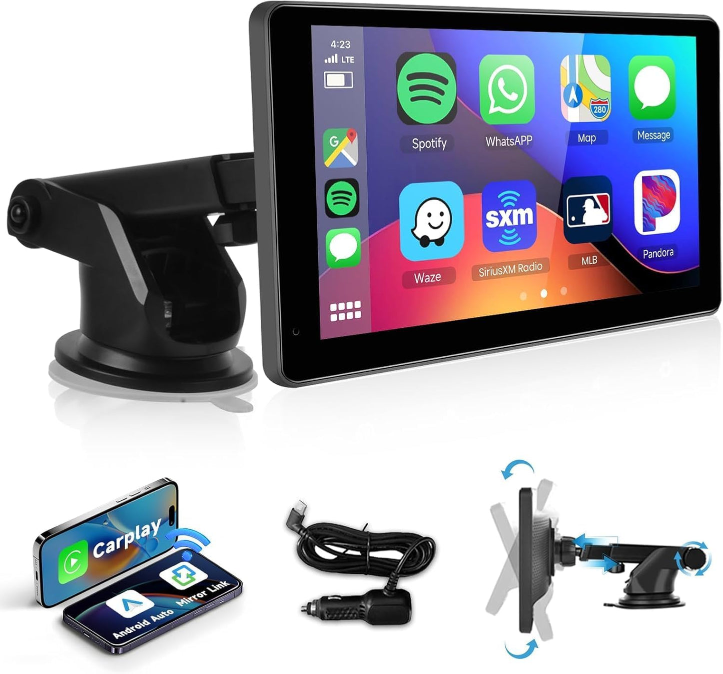 Podofo Wireless Carplay Screen for Car,7inch 1080P HD IPS Touch Screen Portable Car Radio Audio Receivers, Wireless Android Auto Screen 2 Mount/2 Bluetooth/MirrorLink/GPS/Voice Control/AUX/FM Transmit