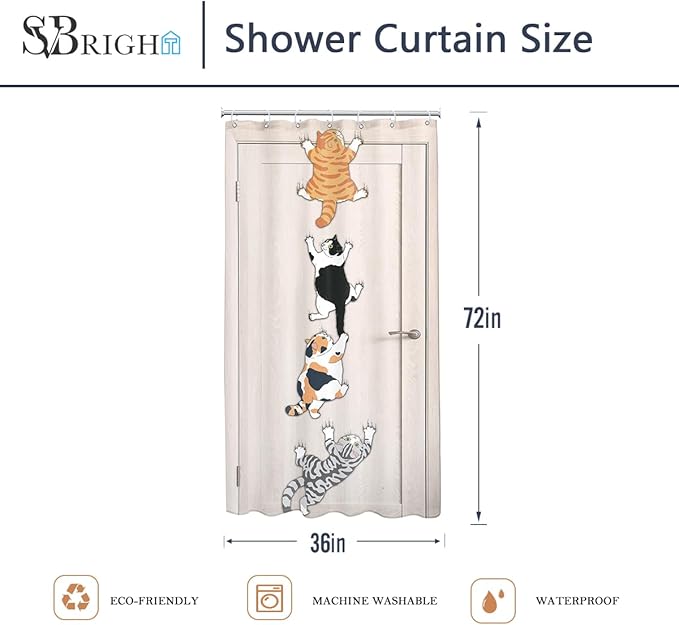 SVBright Small Stall RV Cats Shower Curtain 36Wx72L Inch Kids Funny Cute Cartoon Kitten Animal Climbing Door Kawaii Hilarious Pet 7 Pack Hooks Polyester Waterproof Fabric Bathroom Bathtub Panels