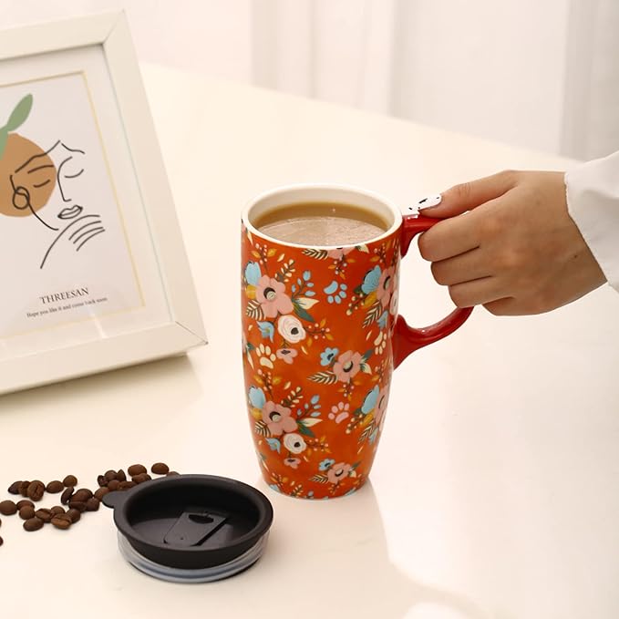 Topadorn Coffee Ceramic Mug Porcelain Latte Tea Cup With Lid 17oz. Orange Coffee Cup