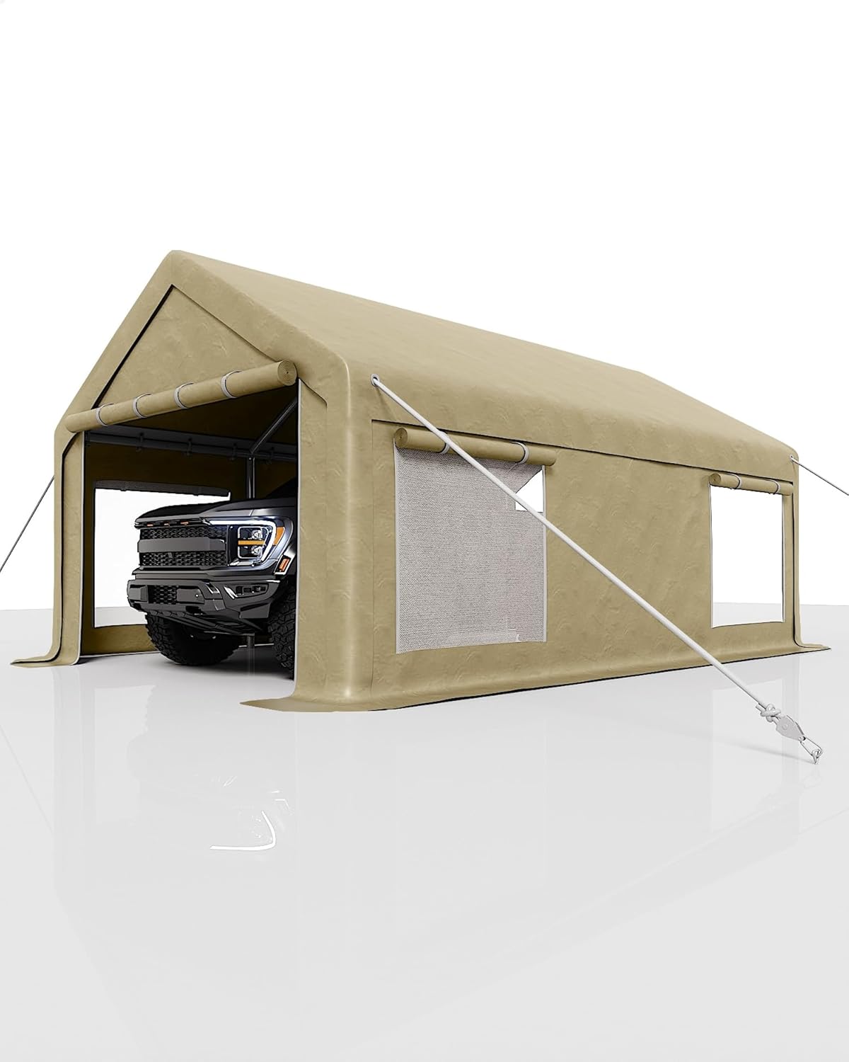 12x20 Ft Carport, Car Port with 200g PE Tarp, Roll-Up Doors, and 4 Windows, for Full-Size Pickups, Bass Boats, Tractors, and SUVs, Khaki