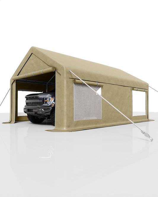 12x20 Ft Carport, Car Port with 200g PE Tarp, Roll-Up Doors, and 4 Windows, for Full-Size Pickups, Bass Boats, Tractors, and SUVs, Khaki