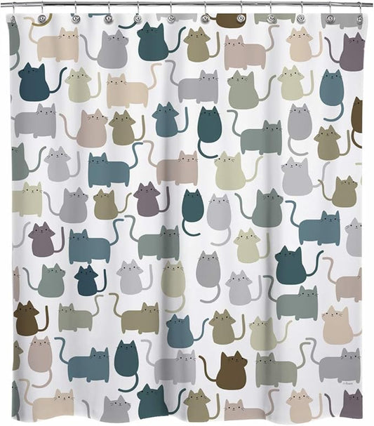 Sunlit Design Extra Long Lovely Multicolor Cartoon Cats Fabric Shower Curtain, Cute Cats Bathroom Decoration Curtains