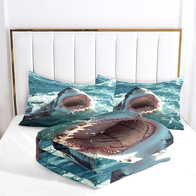 Boys Shark Bedding Set Full Size Teal Blue Comforter Set for Kids Boys Teen Aqua Ocean Comforter Sets with 1 Sharks Comforter + 2 Pillowcases
