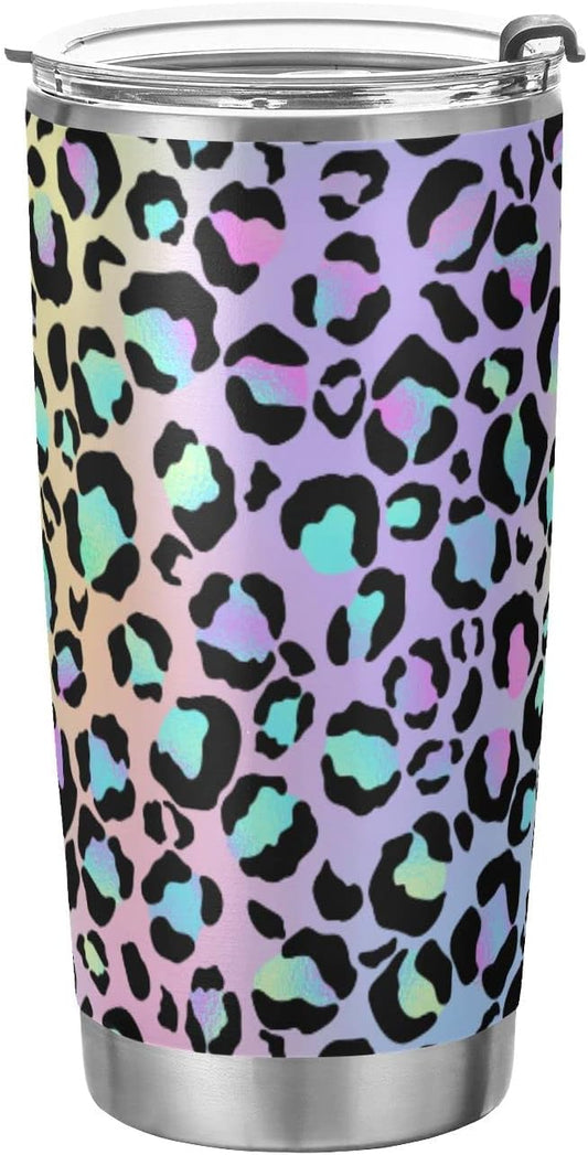 Tumbler Cute Neon Gradient Leopard Print Insulated Office Coffee Cup Back to School Beverage Container Travel Mug with Straw and Lid Double Wall Stainless Steel 20oz