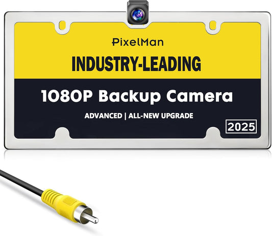 PixelMan Backup Camera,XS-2 1080P AHD Innovative One-Piece License Plate Back Up Camera Ultra Clear Night Vision 170° Wide Angle Vehicle Rear View Reverse Camera,All-Weather Durable Metal Housing