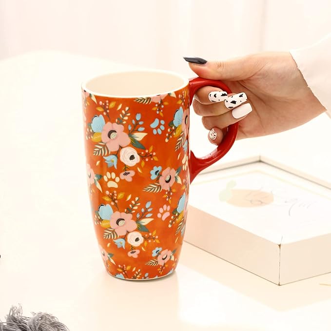 Topadorn Coffee Ceramic Mug Porcelain Latte Tea Cup With Lid 17oz. Orange Coffee Cup