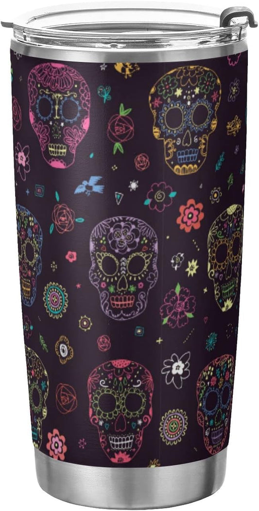 Tumbler Neon Sugar Skull Flower Insulated Halloween Office Coffee Cup Back to School Beverage Container Travel Mug with Straw and Lid Double Wall Stainless Steel 20oz