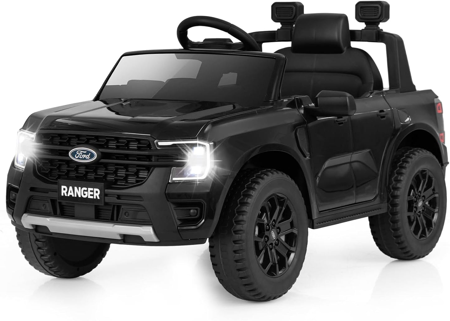 HONEY JOY Ride On Car, 12V Licensed Ford Ranger Electric Vehicle for Kids, Spring Suspension, Music & 3 Speeds, Horn, LED Lights, Battery Powered Ride On Toy with Remote Control(Black)