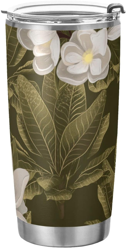 Tumbler Magnolia Flower White Insulated Coffee Cup Back to School Beverage Container Office Travel Mug with Straw and Lid 20oz