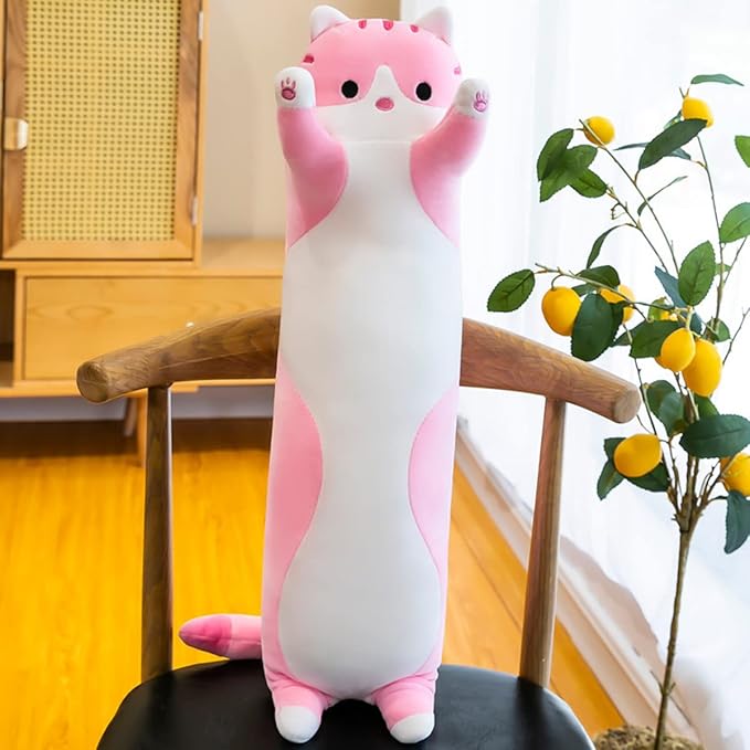 43.32in Giant Cat Pillow Plush Sleeping Pillow Cute Cartoon Cat Stuffed Animals Soft Long Body Pillow Gift for Kids Girlfriend(Pink)