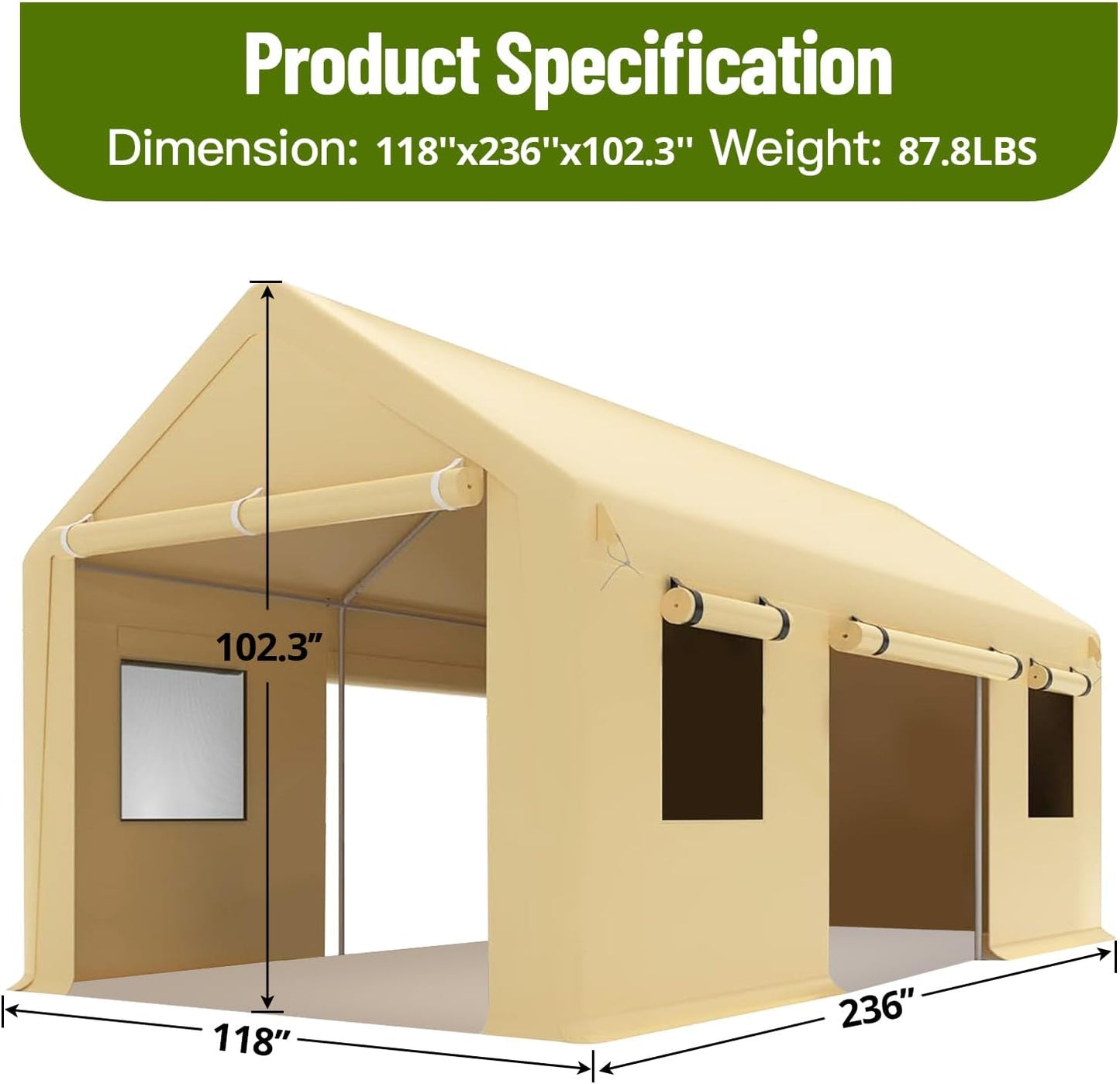 10 x 20FT Heavy Duty Carport with Roll-Up Windows, Portable Garage with Removable Sidewalls & Doors, Portable Car Tent Garage with Roll-Up Windows and All-Season Tarp, for Car, Truck,