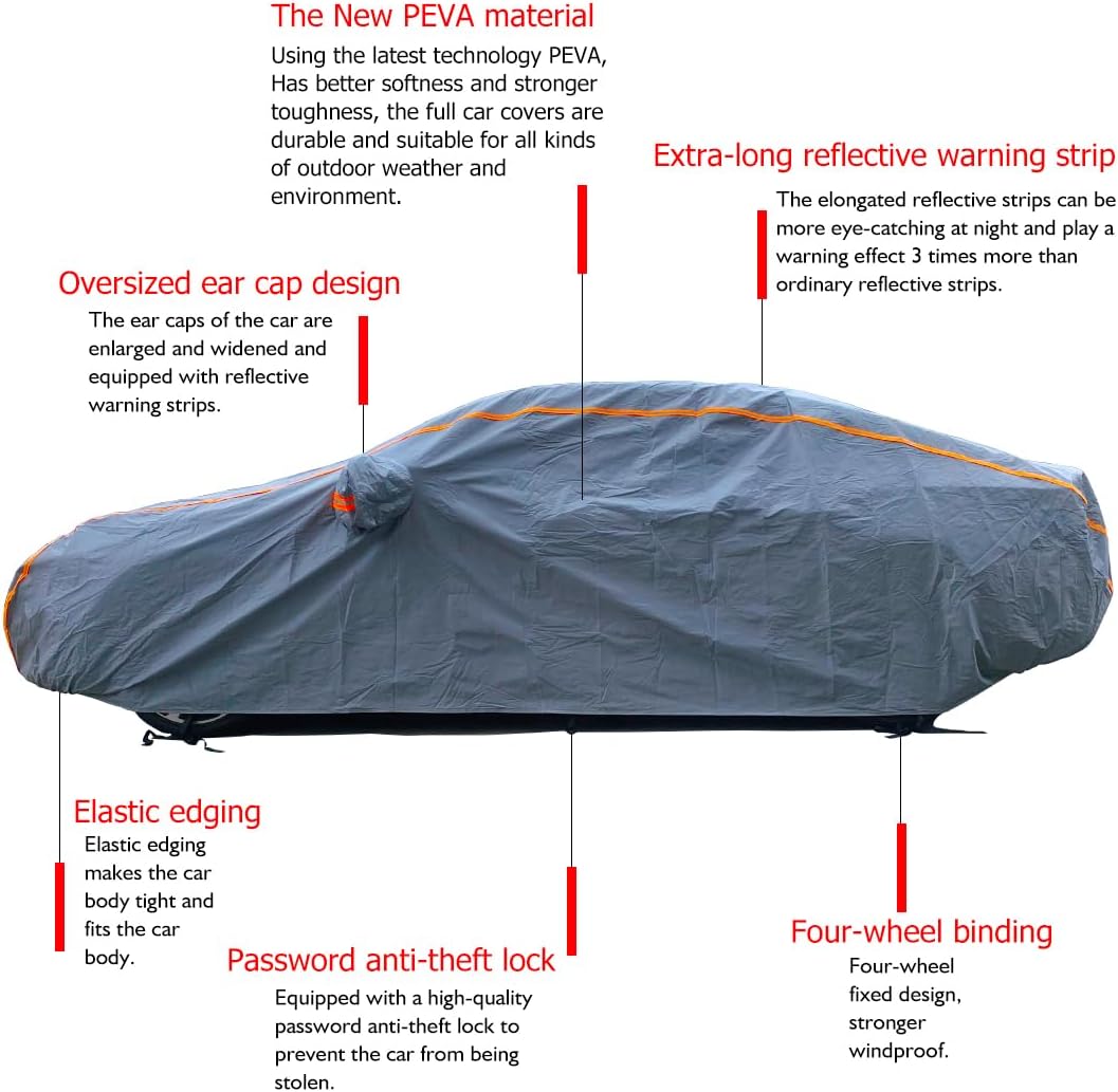 KEYOOG Universal Waterproof Heavy Weight Full Car Covers, Fit SUVs, All Weather, Outdoor Full Cover Weatherproof UV Sun Protection Snow Dust Storm Resistant with PEVA Cotton, Fit Length 198"-208"