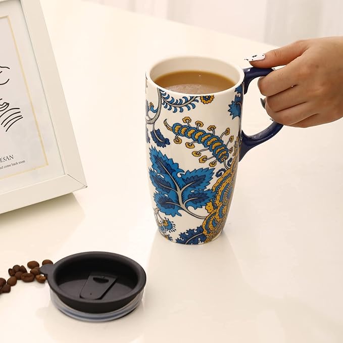 Topadorn Ceramic Mug with Lid and Handle,17oz. Tall Coffee Cup for Home,Party and Birthday,Blue Flower
