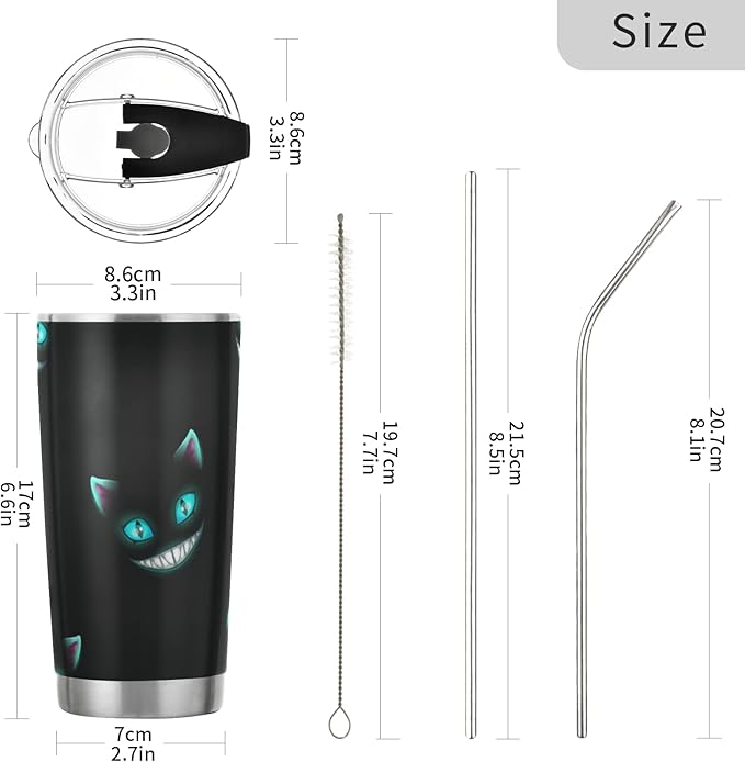 xigua 20oz Tumbler with Lid and Straw, Vacuum Insulated Stainless Steel Tumbler, Reusable Double Wall Travel Coffee Mug (Cheshire Cat Texture)