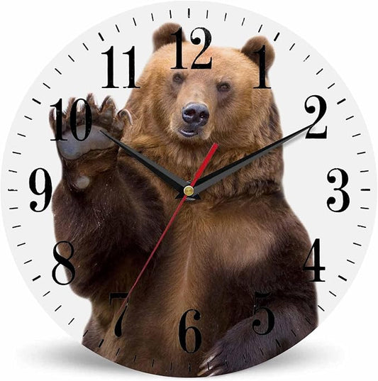 Bear Wall Clock The Brown Bear Welcomes and Waves a Paw 10 Inch Silent Non Ticking Battery Operated Clock Vintage Round Clock for Living Room Bedroom Bathroom Office Decor