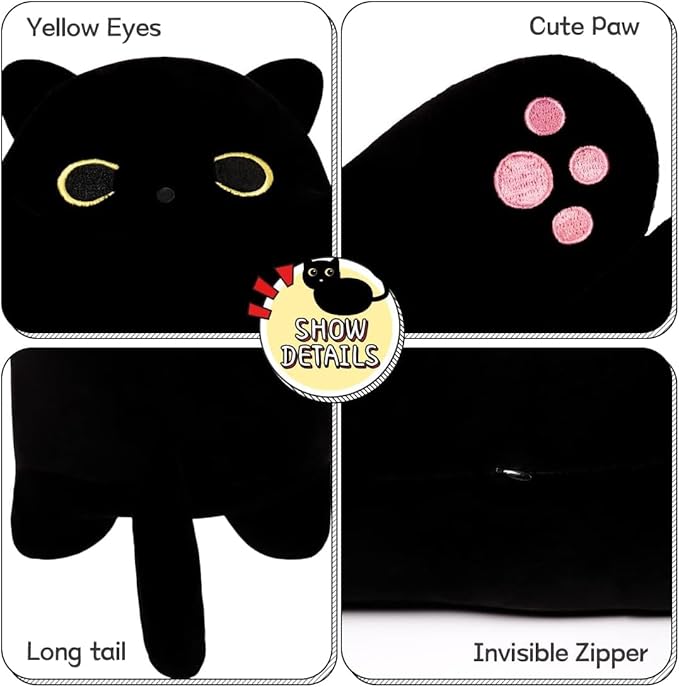 Black Cat Soft Plush Pillow Cute Cat Body Pillow, Long Stuffed Cat Plush Cat Stuffed Animal Toy Kitten Long Throw Pillow Gift for Kids Girlfriend(110CM,FullBlack)