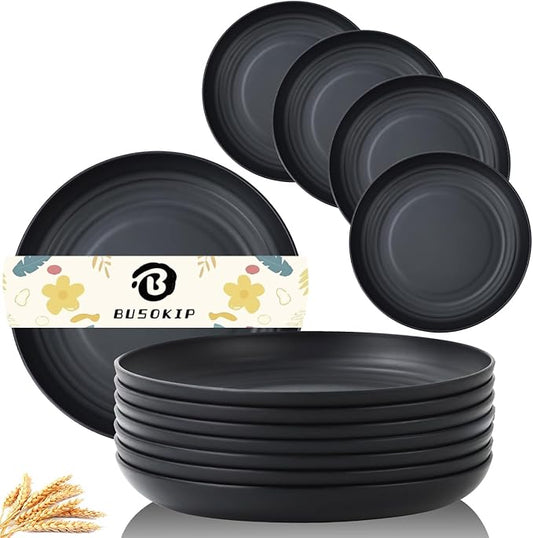 Wheat Straw Dinner Plates - Set of 8, Unbreakable & Microwave/Dishwasher Safe, Black