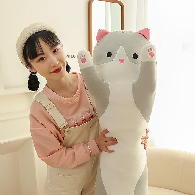 WUYU Lovely Plush Cat Doll Cute Cartoon Soft Stuffed Kitten Pillow Long Throw Sleeping Pillow Doll Toy Gift for Kids Girlfriend Multiple Size (Grey,150cm/59in)