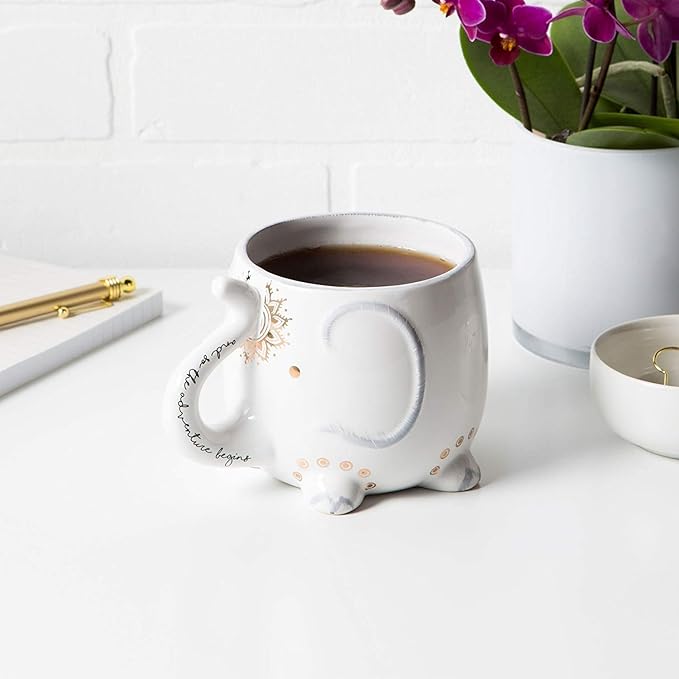 VOTUM White Ceramic Coffee or Tea Mugs: Elephant Coffee Mug with Hand Printed Designs and Printed Saying - 18.6 Fluid Ounce Large, Cute Handmade Cup
