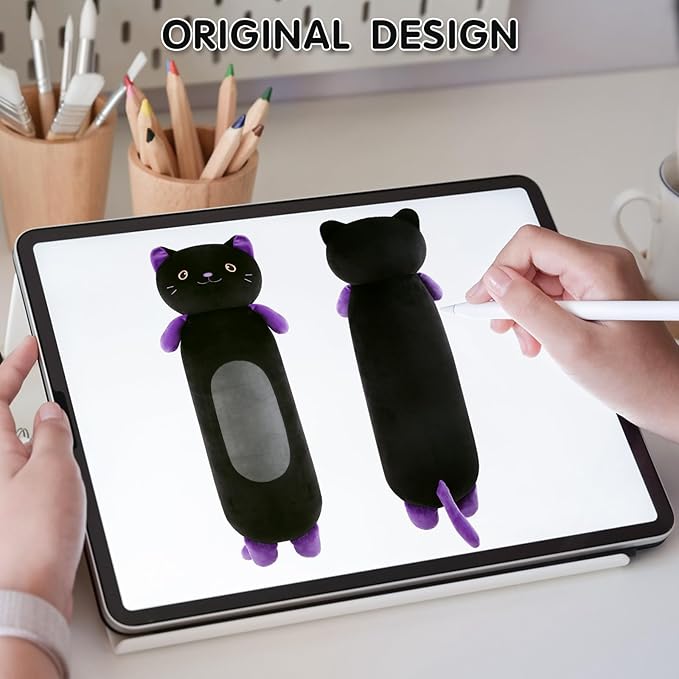 22” Long Cat Plush Body Pillow, Cute Black Cat Stuffed Animals, Lucky Kitty Squishy Soft Plushies Toy, Gifts for Kids Girls and Boys, Birthdays ﻿Easter