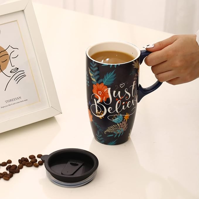 Topadorn Ceramic Mug with Lid and Handle,17oz. Tall Coffee Cup for Home,Party and Birthday,Just Believe