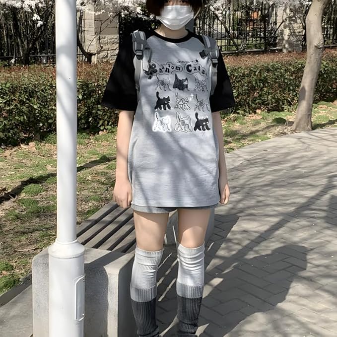 Y2K Harajuku Kawaii Gothic Clothes Casual Crewneck Raglan Sleeve Cartoon Graphic Phantom Cats Print T-Shirt