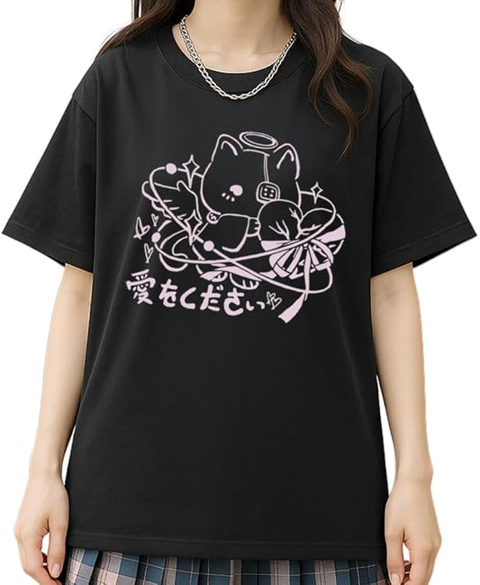 Y2K Gothic Grunge Kawaii Fashion Casual Style Crew Neck Short Sleeve Goth Cartoon Cat Graphic Print T-Shirt
