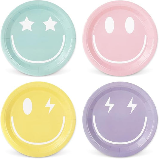 Whaline Pastel Smile Paper Plates 4 Designs Disposable Plates 9 Inch Dinner Dessert Plates for Birthday Wedding Party Supplies Table Decor, 40Pcs