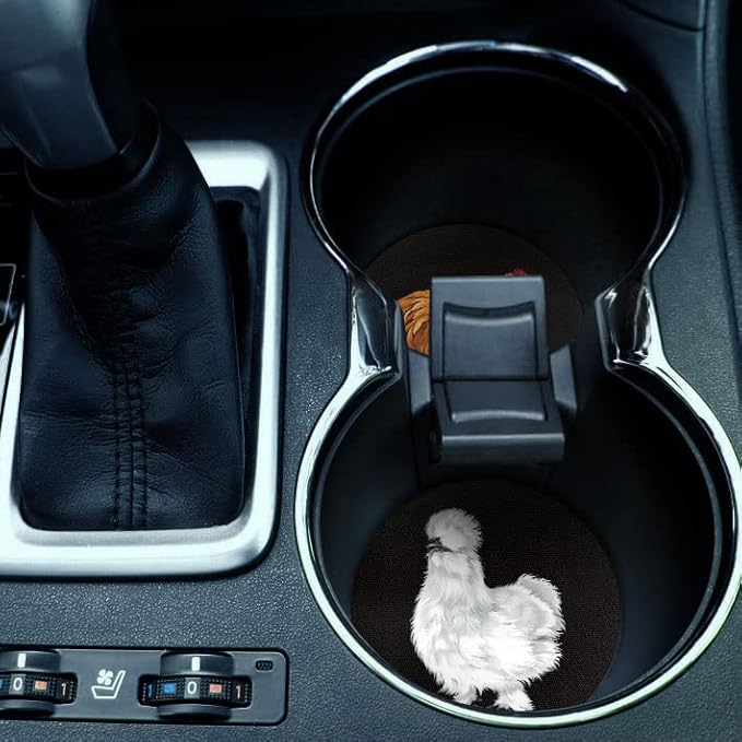WIRESTER, Cochin Chicken (S1), Animal White Silkie Chicken Design Absorbent ROUND Fabric Felt Neoprene Car Coasters for Drinks (2.87 inches), 2pcs Set