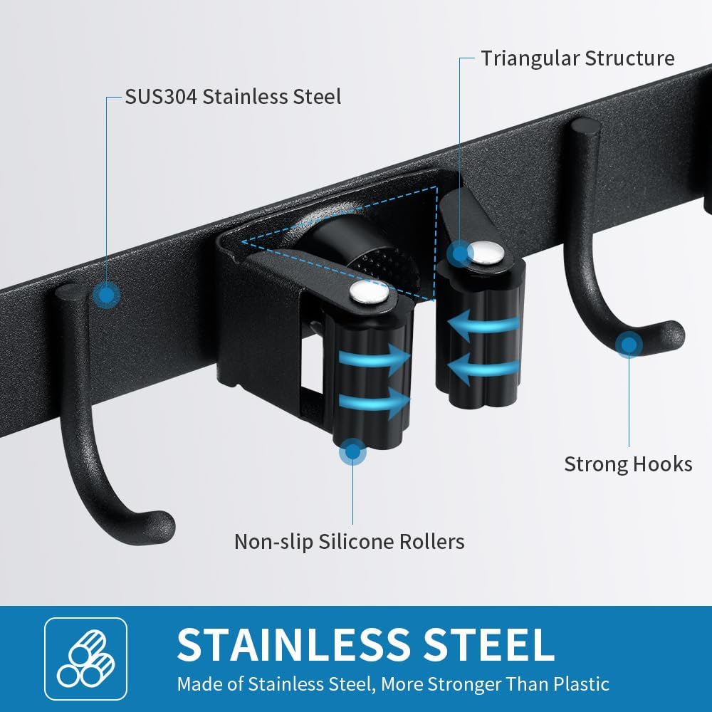 2 Pack Broom Hanger and Mop Holder, Heavy Duty Garden Tool Organizer Rack Rake and Shovel Handle, Stainless Steel Wall Mounted Utility Rack with Screws (3 Racks with 4 Hooks, Matte Black).