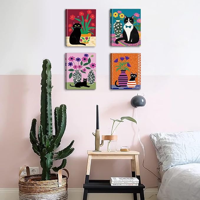 TOCDGOO Set of 4 Fun Black Cat Wall Art Abstract Flower Canvas Posters, Colorful Fashion Flower & Cat Art Prints for Bedroom Bathroom Children's Room Home Decor, Framed 8x10 Inches
