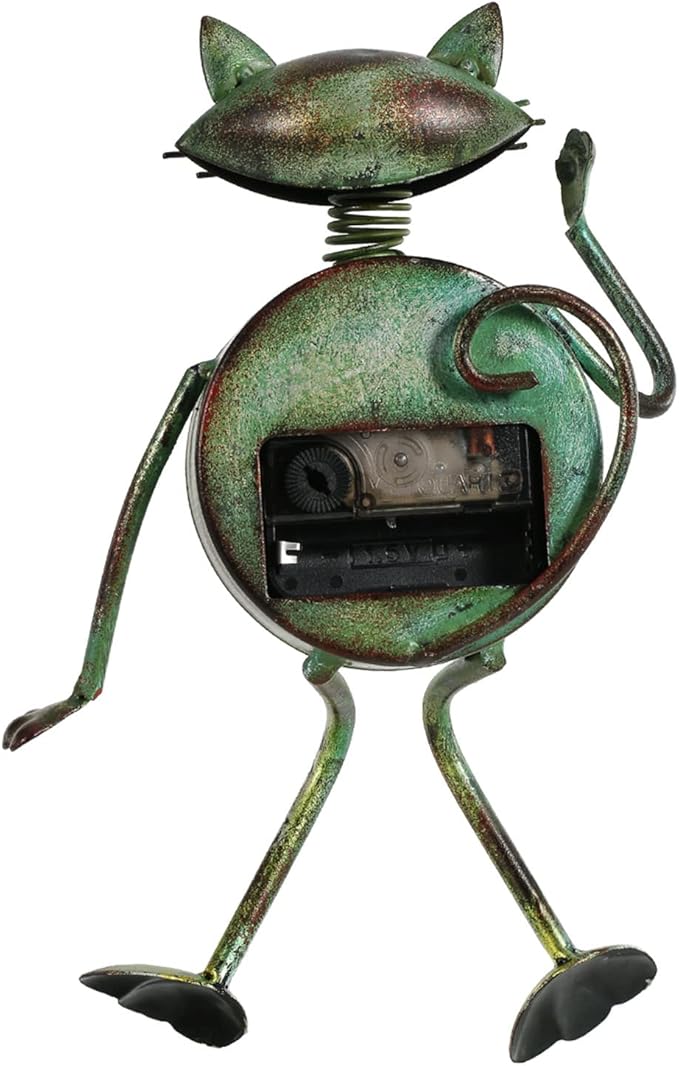 Tooarts Small Cat Desk Clock Handmade Vintage Metal Cat Figurine Decorative Table Animal Clock