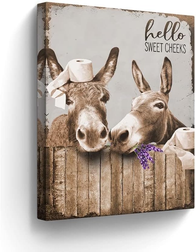 Canvas Wall Art Donkey Pictures for Bathroom Decor - Funny Farmhouse Painting Toilet Prints - Rustic Animals Artwork Framed 12"x16"