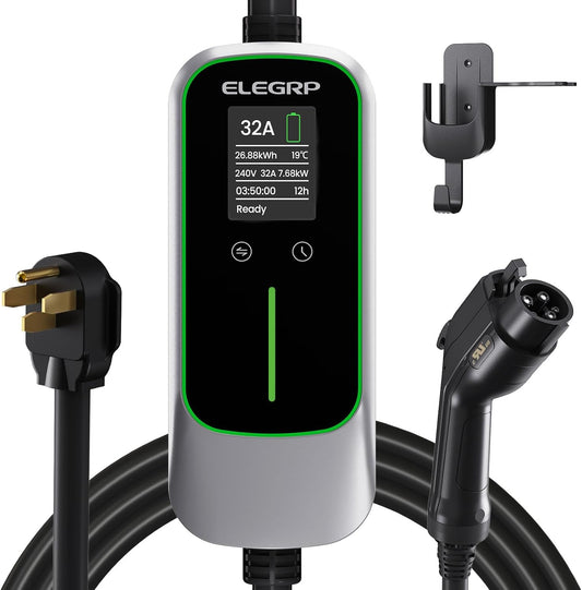 ELEGRP Level 2 EV Charger for Home, 32 Amp, ETL Certified, PBE & LCD Technology, 25ft J1772 Cable with NEMA 14-50 Plug, Plug and Play, 240V for BEVs/PHEVs