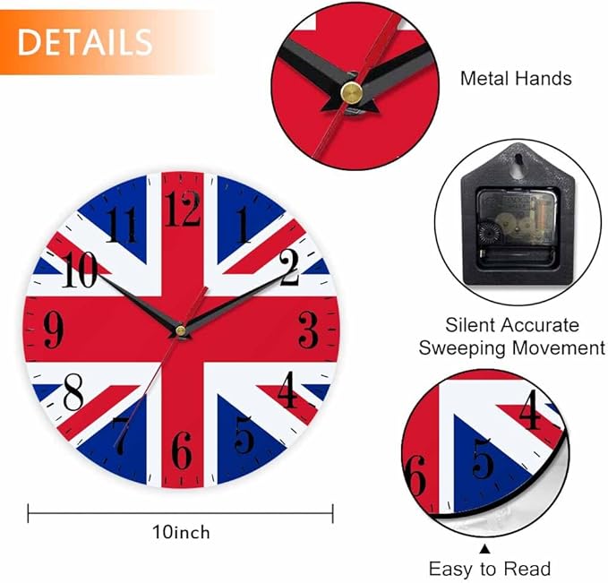 United Kingdom Flag Wall Clock UK British England National Flags 10 Inch Silent Non Ticking Battery Operated Clock Vintage Round Clock for Living Room Bedroom Bathroom Office Decor