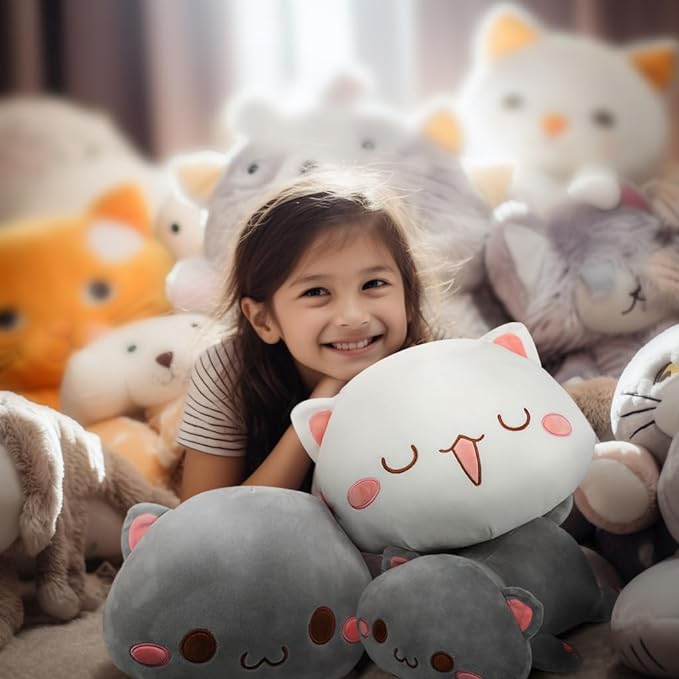 AFAN Cat Stuffed Animals Plush Cute Soft Cat Plush Pillow Toys Kawaii Plushies Room Decor Gifts for Kids Girls Boys (Squinted Eyes, White, 25.9 Inch)
