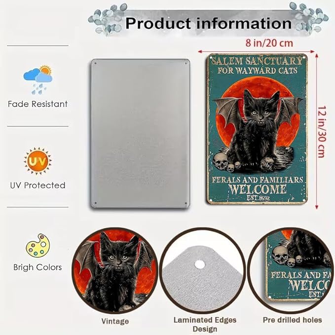 Vintage Black Cat Sign Salem Sanctuary For Wayward Cats Tin Sign for Home Bedroom Living Room Wall Art Decoration 8x12 inch (3034)