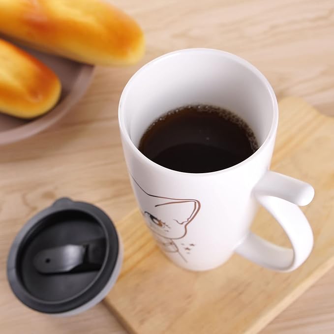 WHJY 20oz Large White Cute Cat Ceramic Coffee Mug With Splash-Proof Lid, Cat Tail Handle, Animal Tumbler