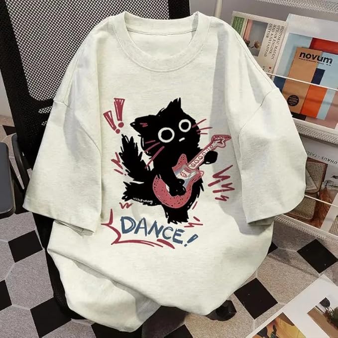 Women Vintage T-Shirt Y2K Cat Graphic Harajuku Tee Tops Summer Emo Grunge Oversized Streetwear Preppy Gothtic Clothes